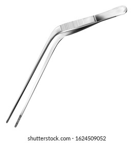 Long serrated angled tweezers. Manual surgical instrument. Isolated object on a white background. Vector illustration.