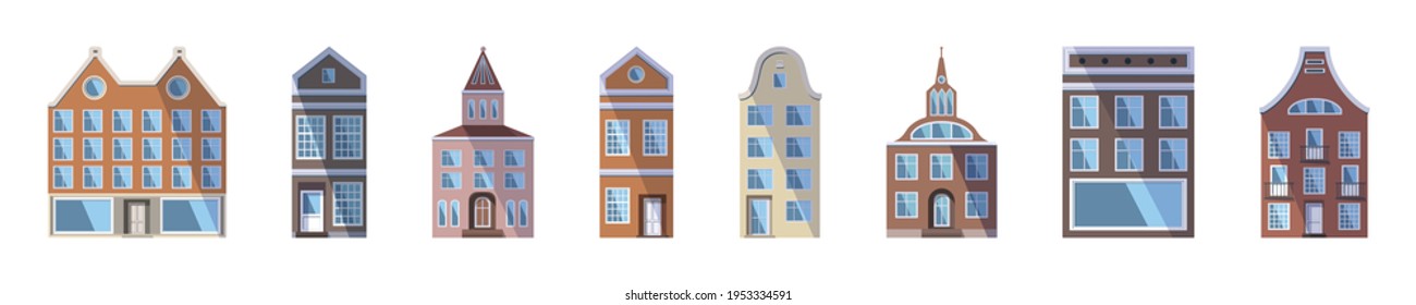 Largo conjunto de casas antiguas, tiendas y fábricas de color europeo al estilo tradicional holandés. Ilustración vectorial en el estilo plano aislado en un fondo blanco. Diseñar elementos para un cartel.