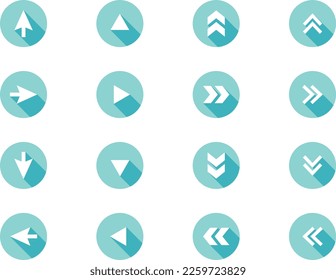 Long shadow flat arrow icon set. Fashionable blue round web icon.