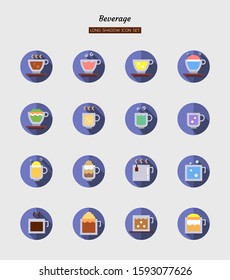 long shadow flat icon symbol set, drink beverage concept, glass, cup, coffee, tea, water, circle frame, Isolated vector design