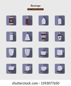 long shadow flat icon symbol set, drink beverage concept, glass, cup, bottle, square frame, Isolated vector design
