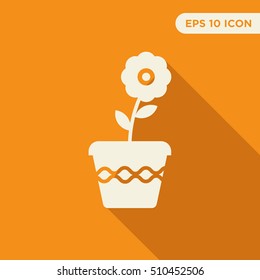 Long shadow flower pot icon vector on orange material flat background