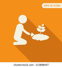 Long shadow gardener icon, person and flower vector on orange