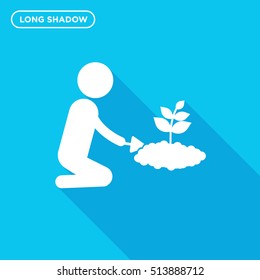 Long shadow Gardener icon, person and flower vector on light blue background