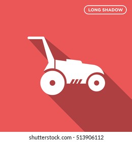 Long shadow grass mowing machine vector icon on red background