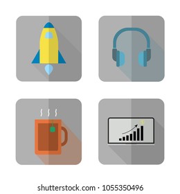 long shadow icon showing rocket headphone coffee cup and notebook - long shadow icon concept