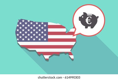 Long shadow map of United States of America and its flag with  an euro coin in a piggy bank moneybox