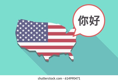 Long shadow map of United States of America and its flag with  the text Hello in the Chinese language