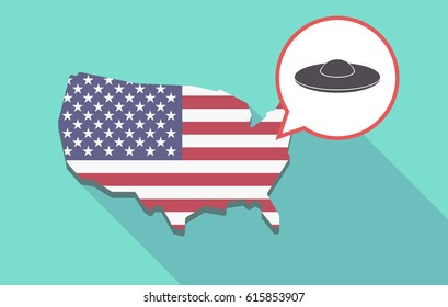 Long shadow map of United States of America and its flag with  a flying saucer UFO