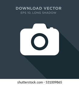 Long shadow photo camera icon illustration isolated vector sign symbol on dark background