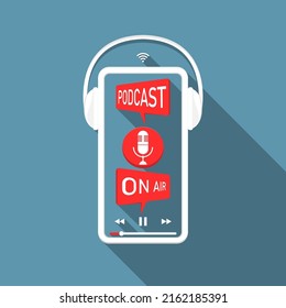 Long shadow podcast on air design on smartphone with headphone, Marketing illustration online.