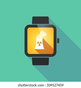 Long shadow smart watch vector icon with a nuclear power station