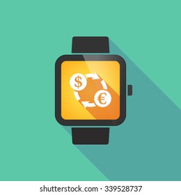 Long shadow smart watch vector icon with a dollar euro exchange sign