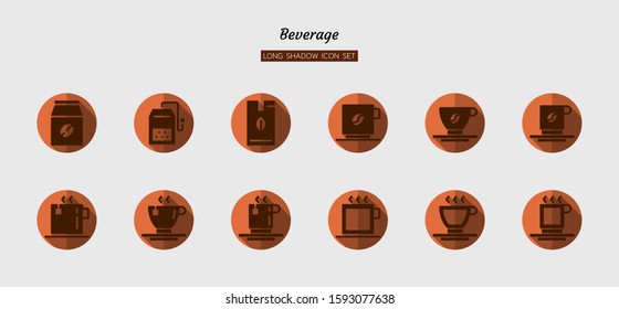 long shadow solid icon symbol set, drink beverage concept, glass, cup, coffee, tea, water, Isolated vector design