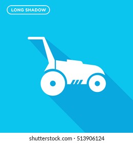 Long shadow style grass mowing machine vector icon on light blue background