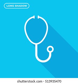 Long shadow style white endoscope vector icon on blue background