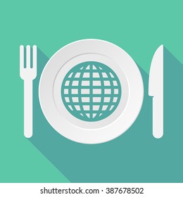 Long shadow tableware vector illustration with a world globe