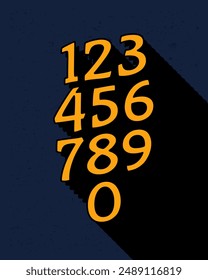 Long shadow text effect creative numbers typography design for wall art in yellow and dark blue color style. Lettering vector illustration. Suitable for decoration, poster and banner.