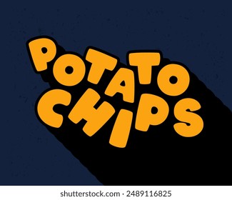 Long shadow text effect creative potato chips typography design for wall art in yellow and dark blue color style. Lettering vector illustration. Suitable for decoration, poster and banner.