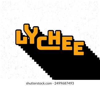 Long shadow text effect lychee typography design for wall art in yellow and white color style. Lettering vector illustration. Suitable for food and beverages decoration, poster and banner.