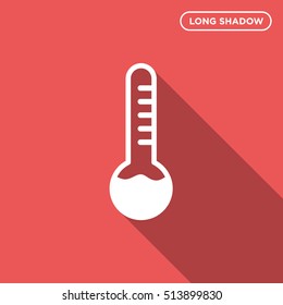 Long shadow thermometer vector icon on red background