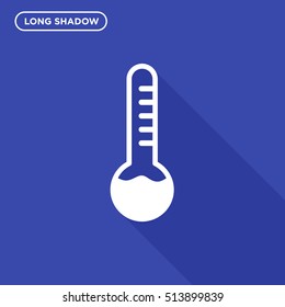 Long shadow thermometer vector icon on dark blue background