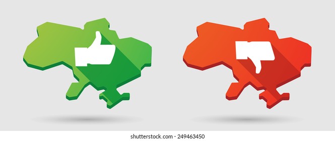 Long shadow Ukraine map icon set with thumb hands