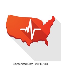 Long shadow USA map icon with a heart beat sign