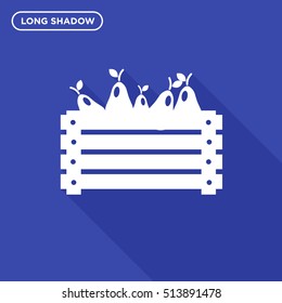 Long shadow vector illustration of a wooden box with isolated pears icon on dark blue background