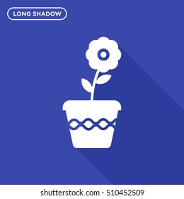 Long shadow white flower pot icon vector on blue material flat background