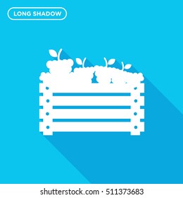 Long shadow wooden box with grapes vector icon on light blue background
