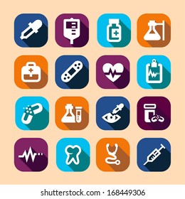 Long Shadows Medical Vector Icons Set.