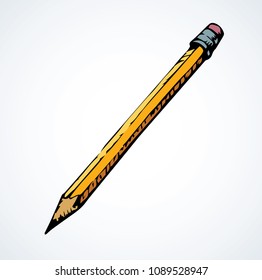 Long sharp vibrant orange chalk rod sin wood tick on light backdrop. Bright yellow hand drawn image element emblem pictogram concept sketchy in retro artsy scrawl style on cardboard and space for text