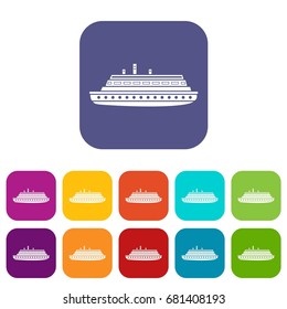 Long ship icons set vector illustration in flat style in colors red, blue, green, and other