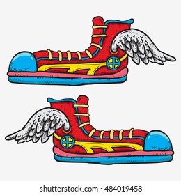 long shoes with wings hand drawing sketch line art colored