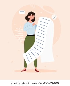 Long shopping list concept. Adult woman holds in her hands sheet with products that need to bought. Character planning purchases. Cartoon modern flat vector illustration isolated on pink background