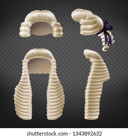 Long and short 18th century men curled wigs or perukes front and side view 3d realistic vector isolated on transparent background. Court dressing element, judges and advocates apparel illustration
