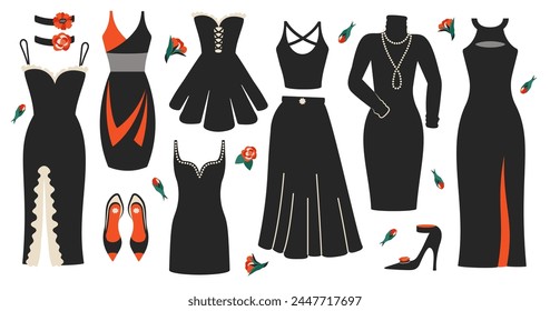 Long and Short Dresses with jewelry, accessory, high heeled shoes, flower. Set of Classic luxury clothes black red white color. Elegant evening gown for evening and cocktail party. Vector illustration