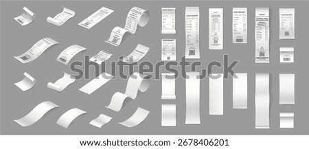 Long and short rolled out strips of receipt papers. Vector set of realistic bill mockups. Expense tracking or unfinished transactions history. Invoices, financial documents or billing templates