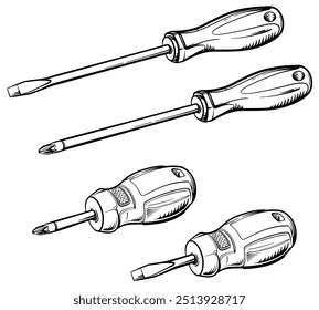 Destornilladores largos y cortos. Destornillador Phillips y destornillador plano. Ilustración vectorial.