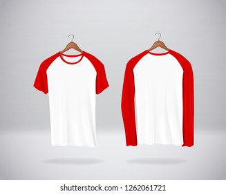 Long and short sleeve Baseball T-Shirts Mock-up clothes hanging isolated on wall, blank front and rear side view. Red color.