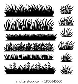 Long And Short Vector Tufts Of Grass In Black Color With Texture In Flat Style. Vector Illustration