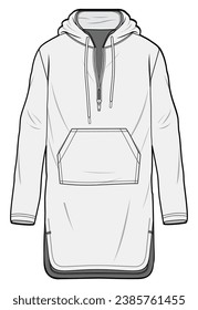 Long Side Slit Hoodie Fashion Flat Sketch Vector Illustration, CAD, Technical Drawing, Flat Drawing, Template, Mockup.