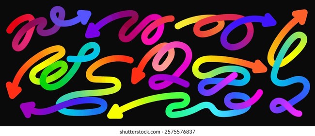 Long sinuous arrows with color gradient on black background. Set of curved abstract lines and arrows for design. Vibrant rainbow colors. Collection of colorful elements. Vector.