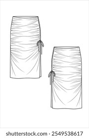 Long skirt, shirring on the sides, Fashion Illustration, Vector, CAD, Technical Drawing, Straight Drawing, Stencil Artist