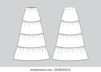 long skirt vector long skirt vector illustration long skirt technical drawing vector, tiered skirt 