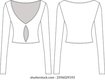 long sleeeve deep curved v neck low cut cutout fit elastic cropped crop blouse top template technical drawing flat sketch cad mockup fashion woman design style model 