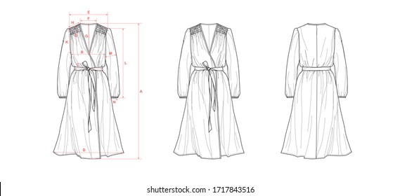 Long sleeve A-line dress with overlapped front, ruching at shoulder and belt, flat sketch, front and back views, with measurement guide