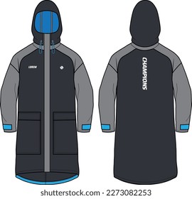 Long sleeve all condition coat Hoodie jacket design flat sketch Illustration, Hooded utility rain coat with front and back view, winter coat for Men and women for outerwear and long weather jacket