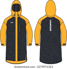 Long sleeve all condition coat Hoodie jacket design flat sketch Illustration, Hooded utility rain coat with front and back view, winter coat for Men and women for outerwear and long weather jacket